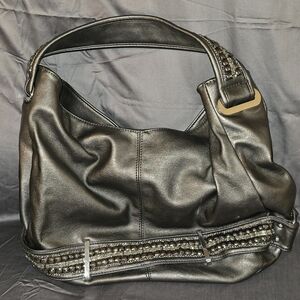 Chic Black Leather Satchel with Embellished Strap